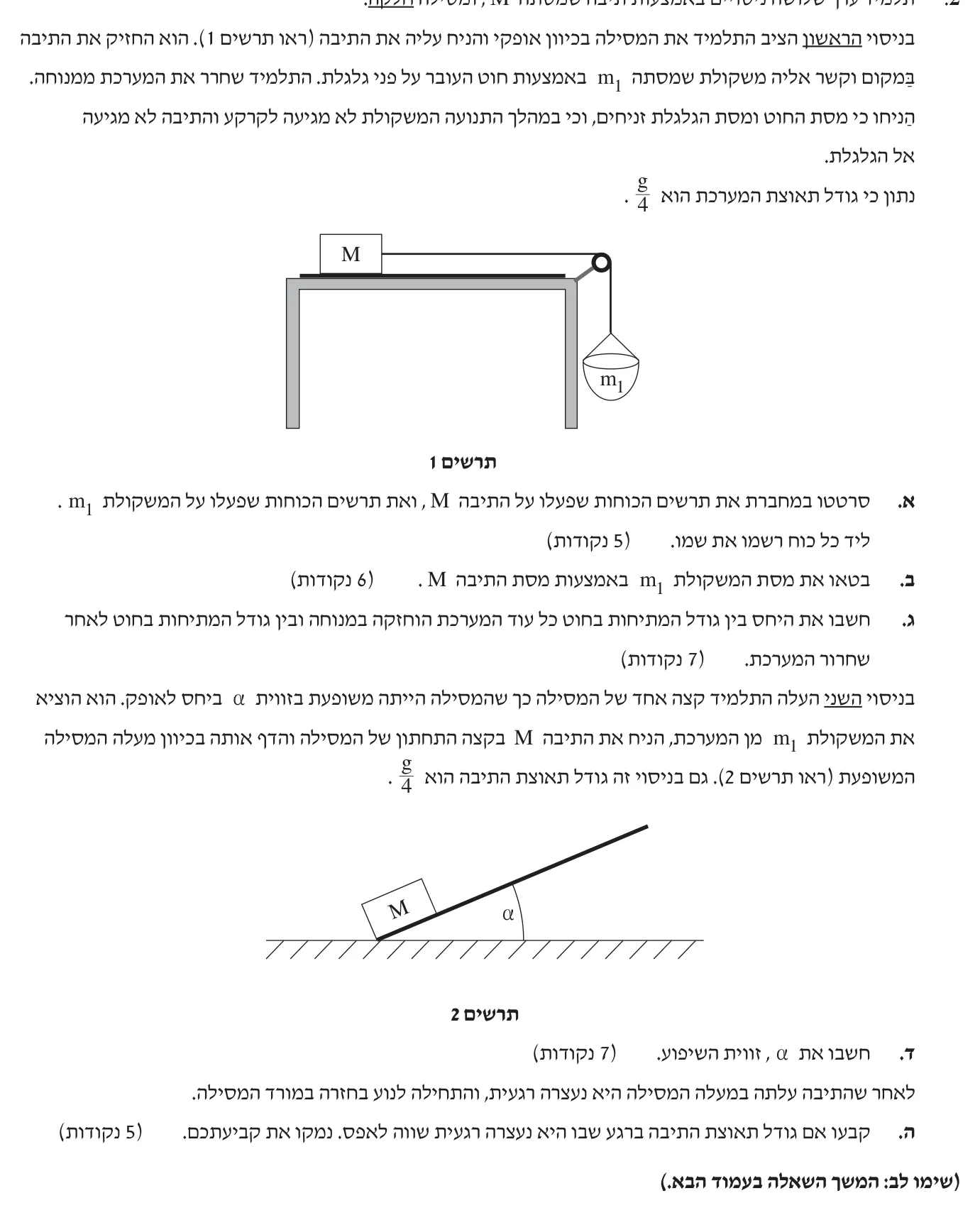 שאלת בגרות בפיזיקה במאגר — מכניקה, עם שני תרשימי מערכת