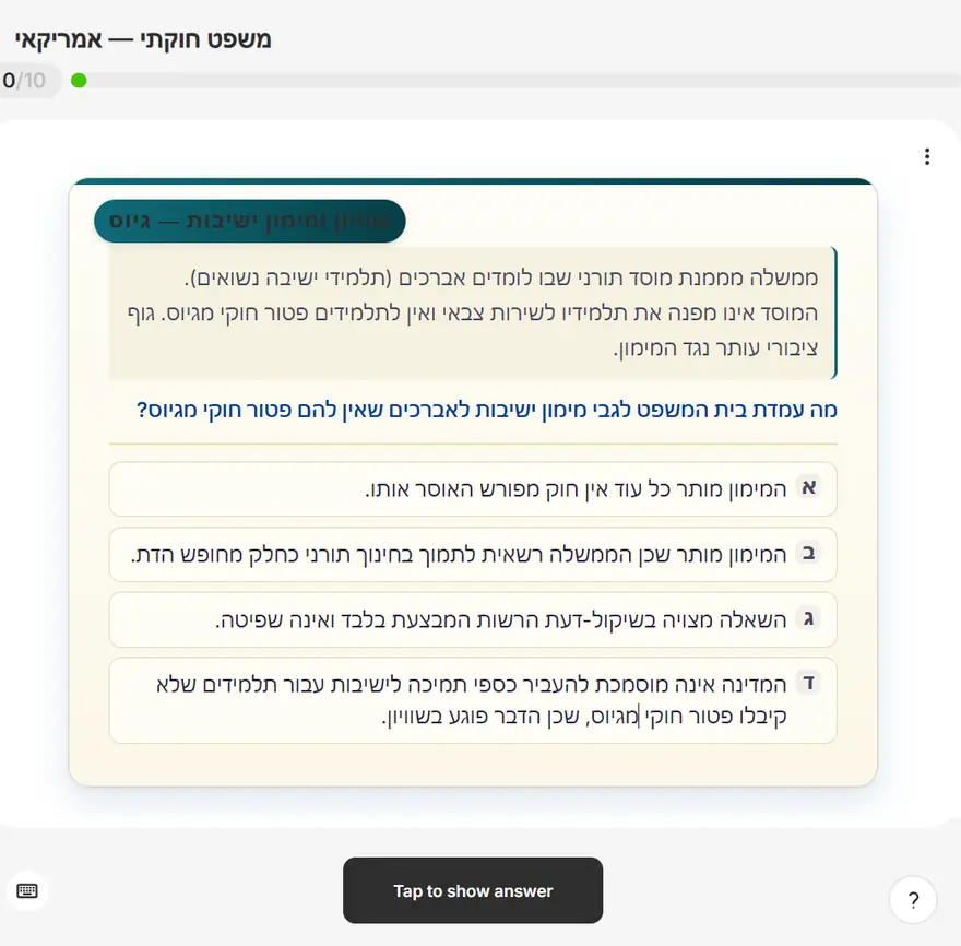 כרטיסיית משפט חוקתי בשלב השאלה: מימון ישיבות לאברכים שאין להם פטור חוקי מגיוס, עם ארבע עמדות אפשריות של בית המשפט.