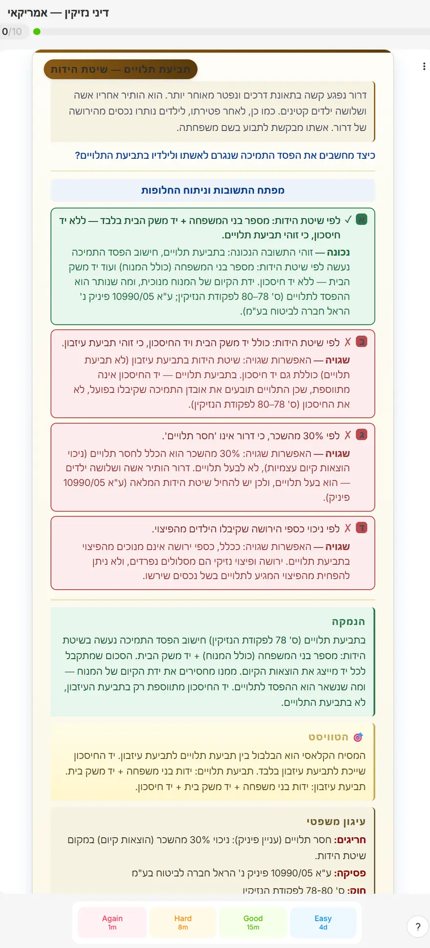 צד התשובה של כרטיסיית דיני הנזיקין: שיטת הידות ללא יד חיסכון מסומנת כנכונה בירוק, שלוש החלופות באדום עם הסבר לכל טעות, והנמקה המפנה לסעיפים 78–80 לפקודת הנזיקין ולע״א 10990/05 פיניק נ׳ הראל.