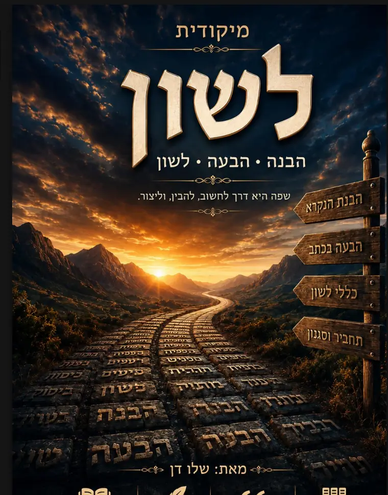 כריכת מיקודית בלשון: הכותרת ״לשון — הבנה · הבעה · לשון״ מעל דרך רצופה אבני מונחים לשוניים ותמרורים המסמנים הבנת הנקרא, הבעה בכתב, כללי לשון ותחביר וסגנון.