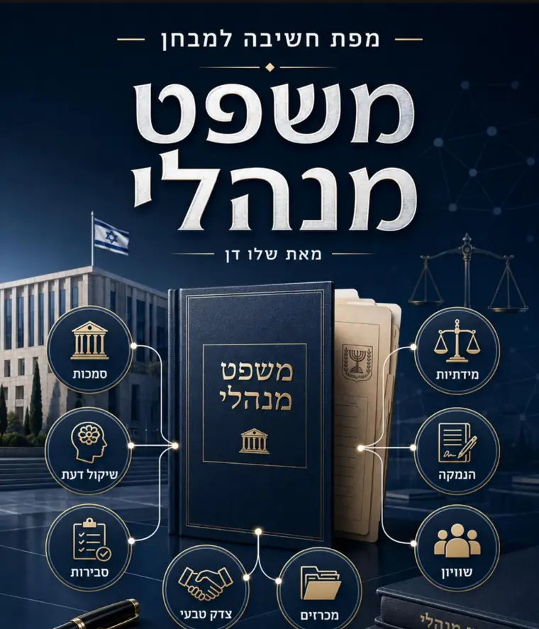 כריכת מפת חשיבה למבחן במשפט מנהלי: ספר במרכז ושמונה עיגולי מושג מסועפים ממנו — סמכות, שיקול דעת, סבירות, מידתיות, הנמקה, שוויון, מכרזים וצדק טבעי.