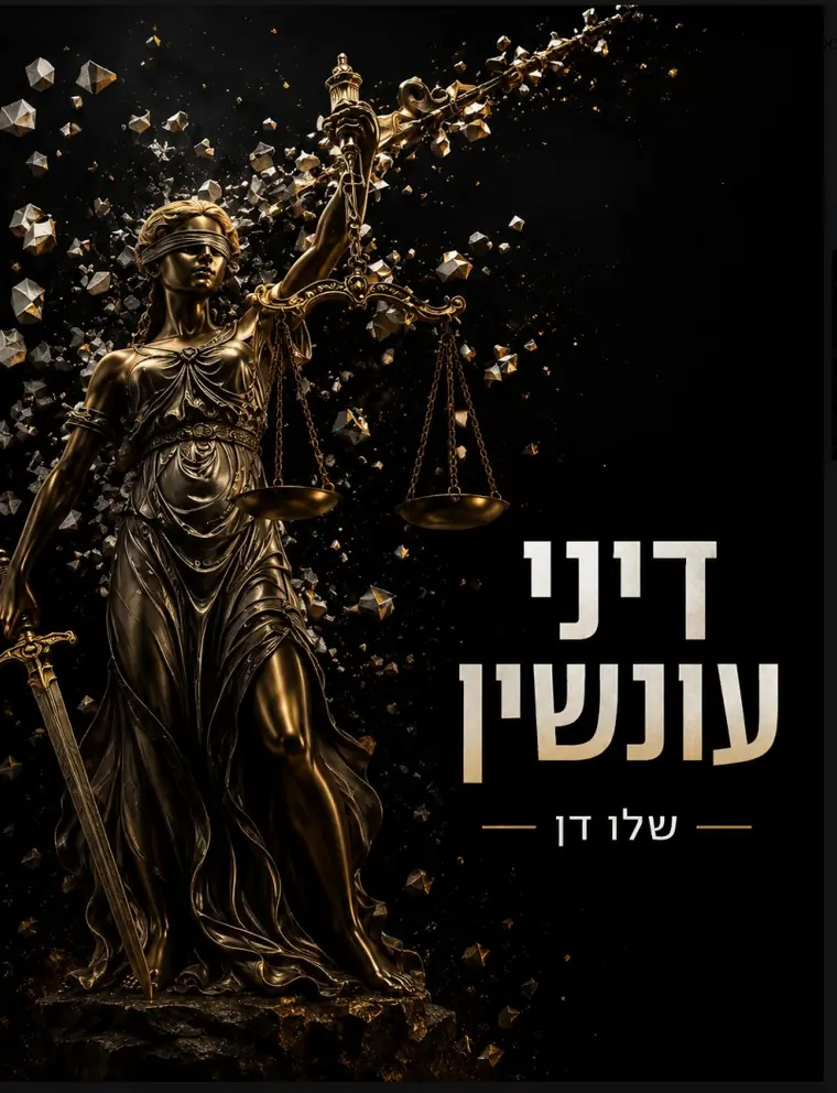 כריכת מיקודית בדיני עונשין: פסל אלת הצדק מכוסת העיניים אוחזת מאזניים וחרב, על רקע שחור.
