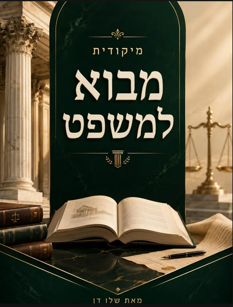 כריכת מיקודית במבוא למשפט: ספר פתוח על שולחן שיש ירוק בין עמודי בית משפט קלאסיים, עם מאזני צדק ברקע.