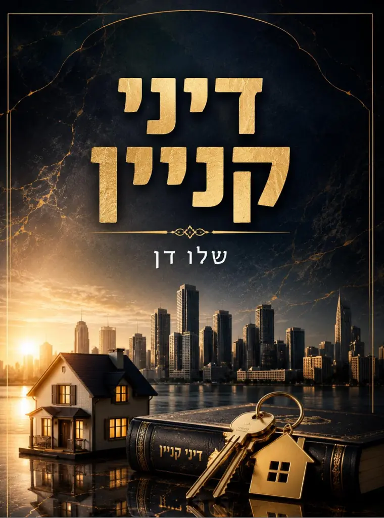 כריכת מיקודית בדיני קניין: קו רקיע של עיר וגם בית פרטי קטן, עם צרור מפתחות ומחזיק בצורת בית על ספר חוק.