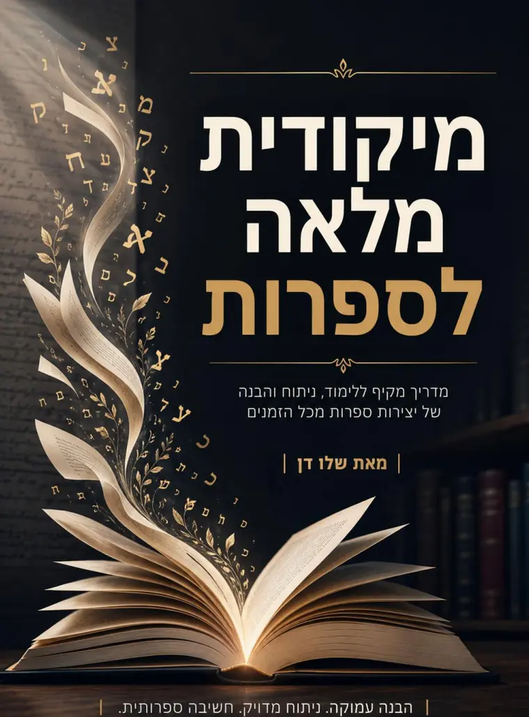 כריכת מיקודית מלאה לספרות: ספר פתוח שממנו עולות אותיות עבריות מוזהבות, עם תת-כותרת ״מדריך מקיף ללימוד, ניתוח והבנה של יצירות ספרות מכל הזמנים״.