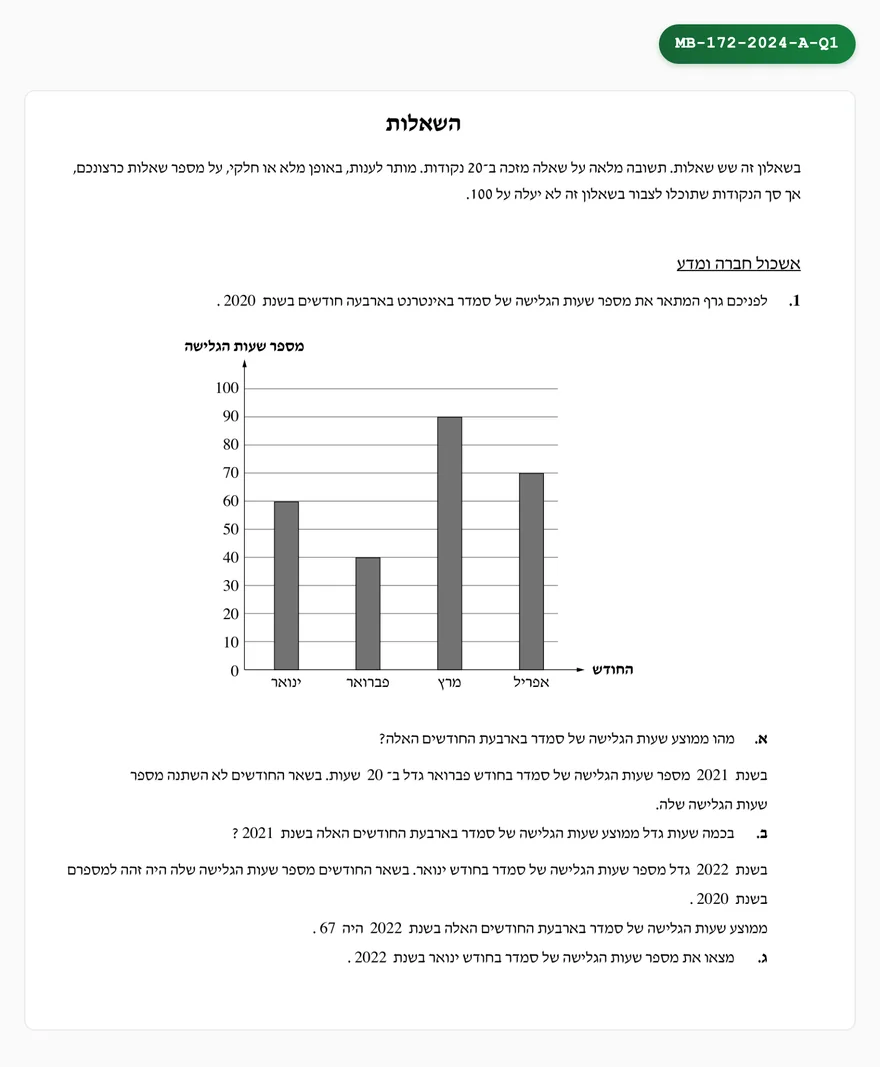 צילום מסך מהסימולטור במתמטיקה (שאלון 35172): צד השאלה — שאלה מבחינת בגרות שהייתה, בניסוח ובניקוד המקוריים.